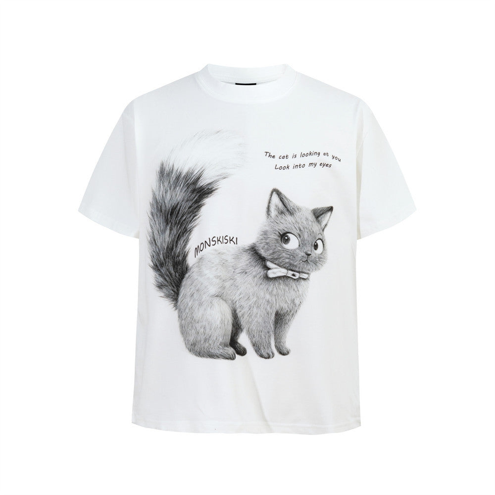 Monskiski Cat Graphic Crew Neck T-Shirt – 3D Sketch Print Short Sleeve Tee