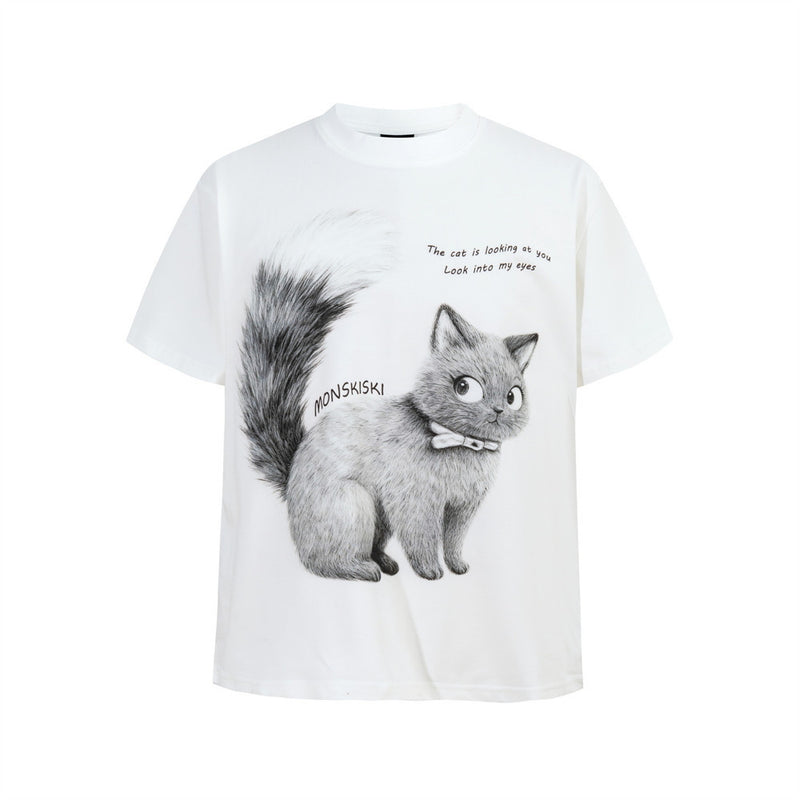 Monskiski Cat Graphic Crew Neck T-Shirt – 3D Sketch Print Short Sleeve Tee