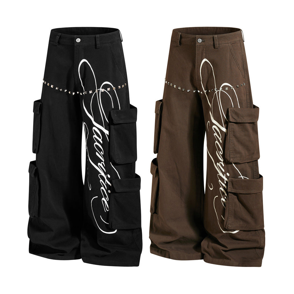 Men's Black Cargo Pants Wide-Leg Script Print with Rivet Detail