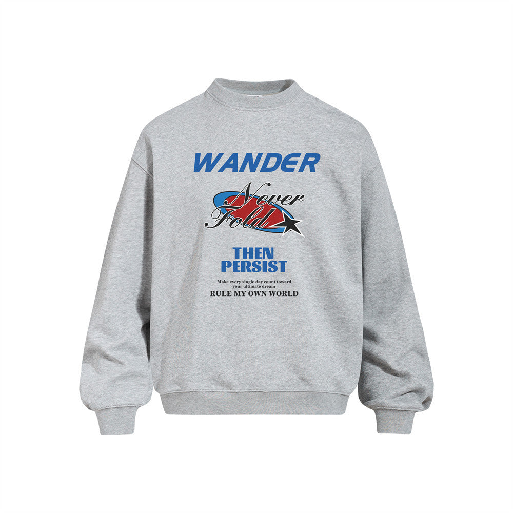 Oversized graphic print crew-neck sweatshirt with Wander Never Fold slogan in black colourway, front view