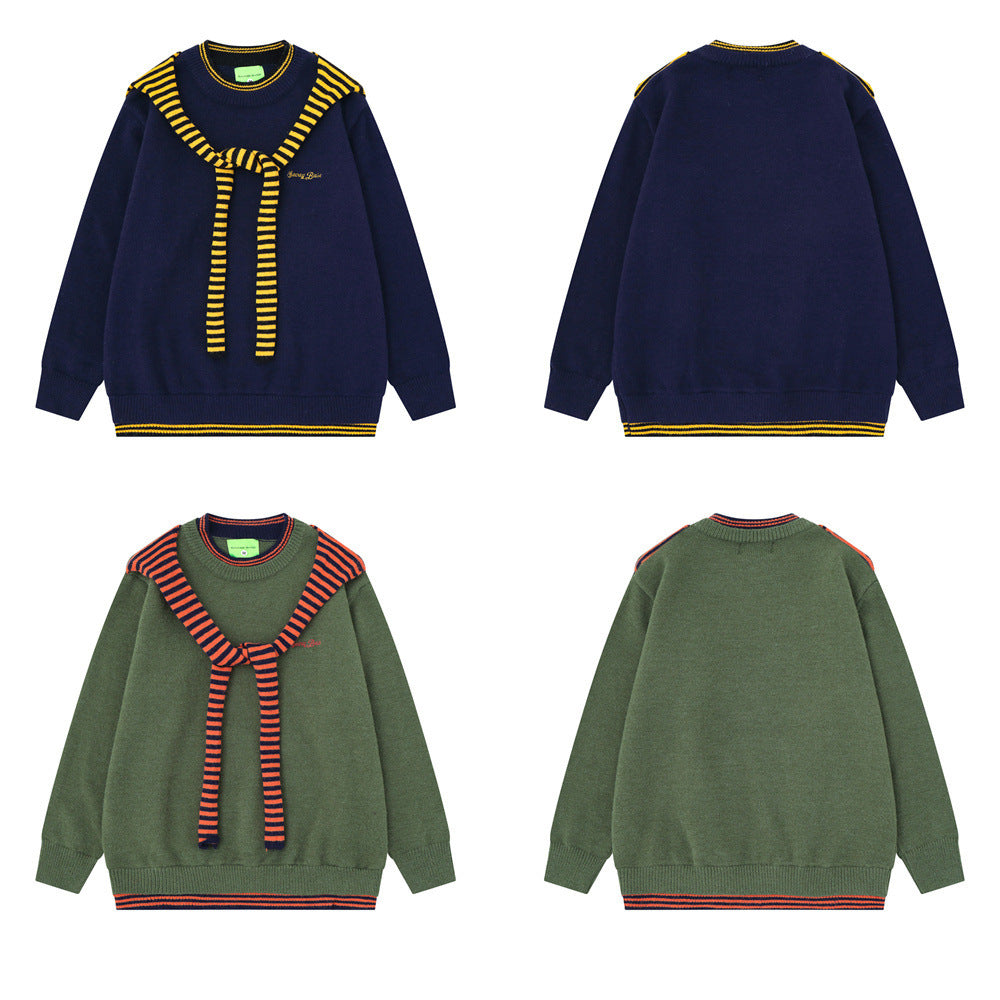 Mens Crew Neck Sweater with Faux Sailor Shawl Striped Knit Pullover
