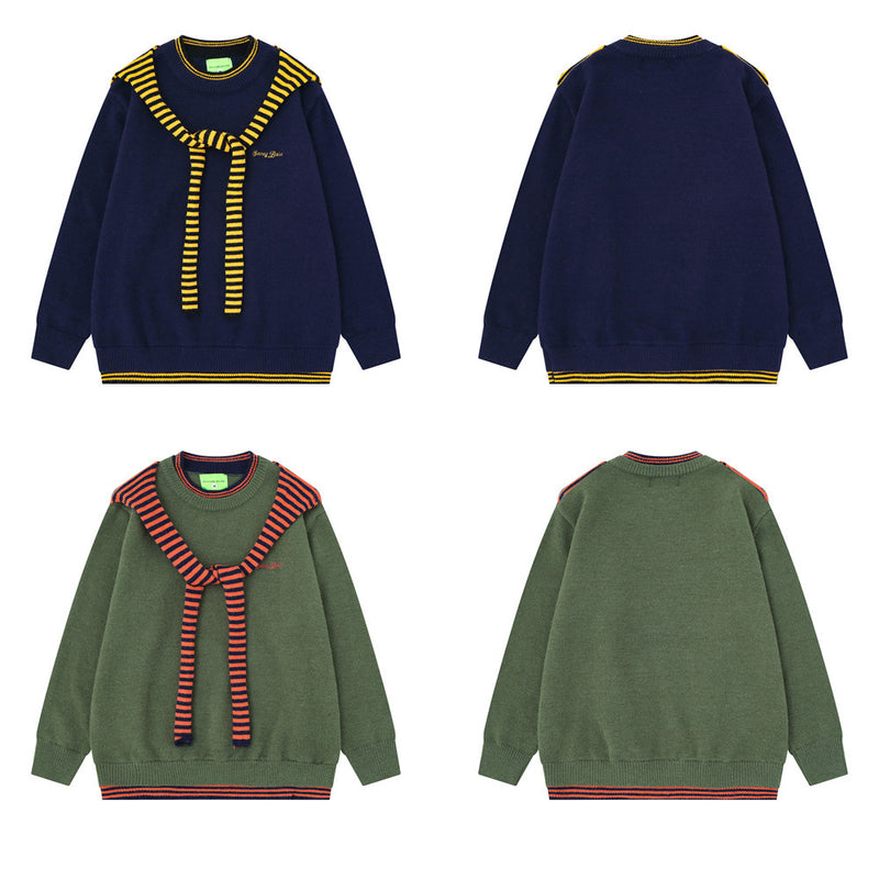 Mens Crew Neck Sweater with Faux Sailor Shawl Striped Knit Pullover