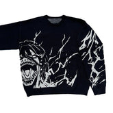 The Premium Attack on Titan-Inspired Knit Sweater by Attack on Titan features a roaring creature graphic reminiscent of Eren Yeager&