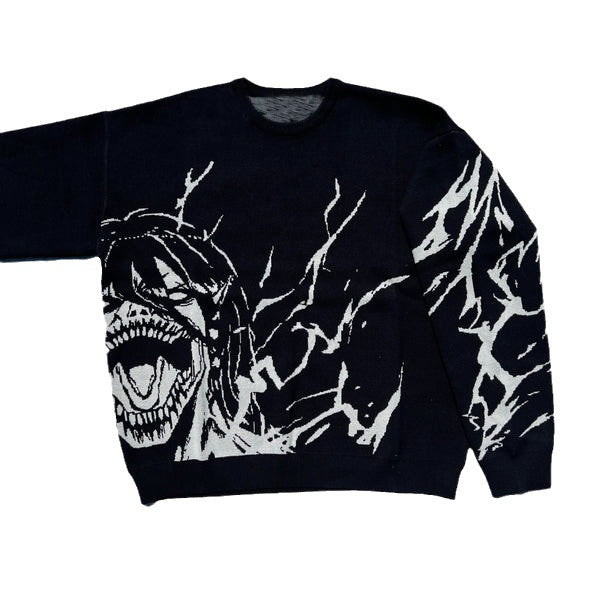 The Premium Attack on Titan-Inspired Knit Sweater by Attack on Titan features a roaring creature graphic reminiscent of Eren Yeager's Titan form, with sharp white teeth on the front and abstract white streaks extending along the left sleeve for an edgy streetwear flair.