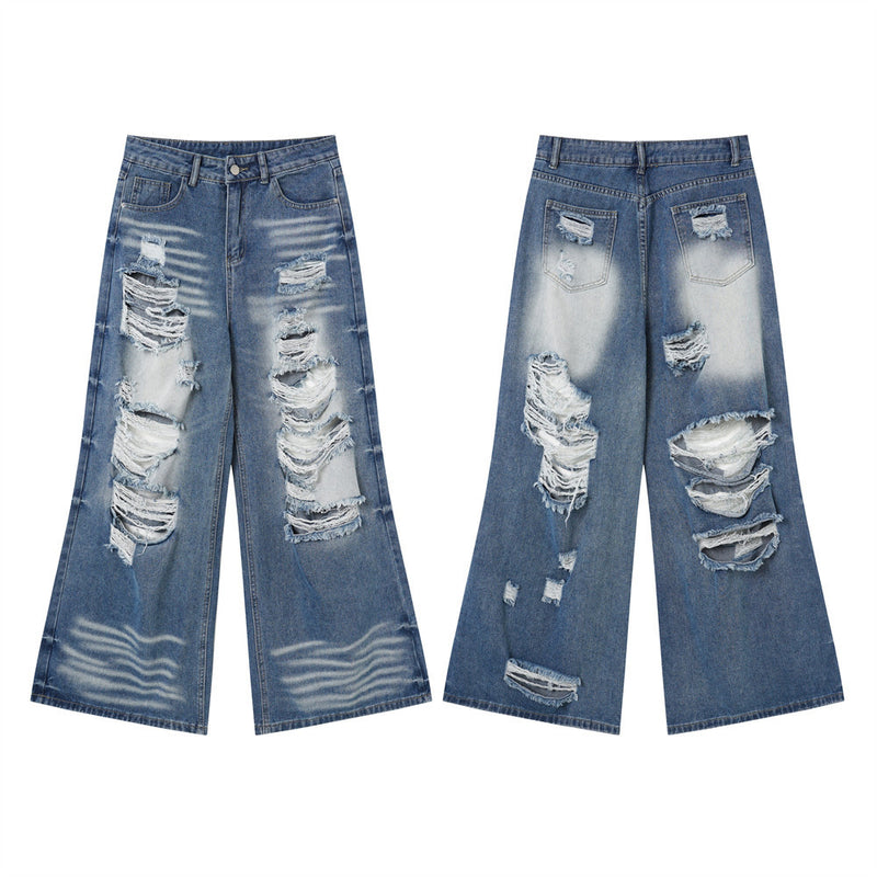 Wide-leg blue jeans with heavy ripped distressing, front and back views shown