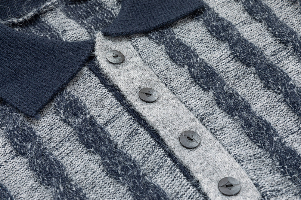 Men's Long Sleeve Sweater Polo – Vertical Stripe Half-Button Knit