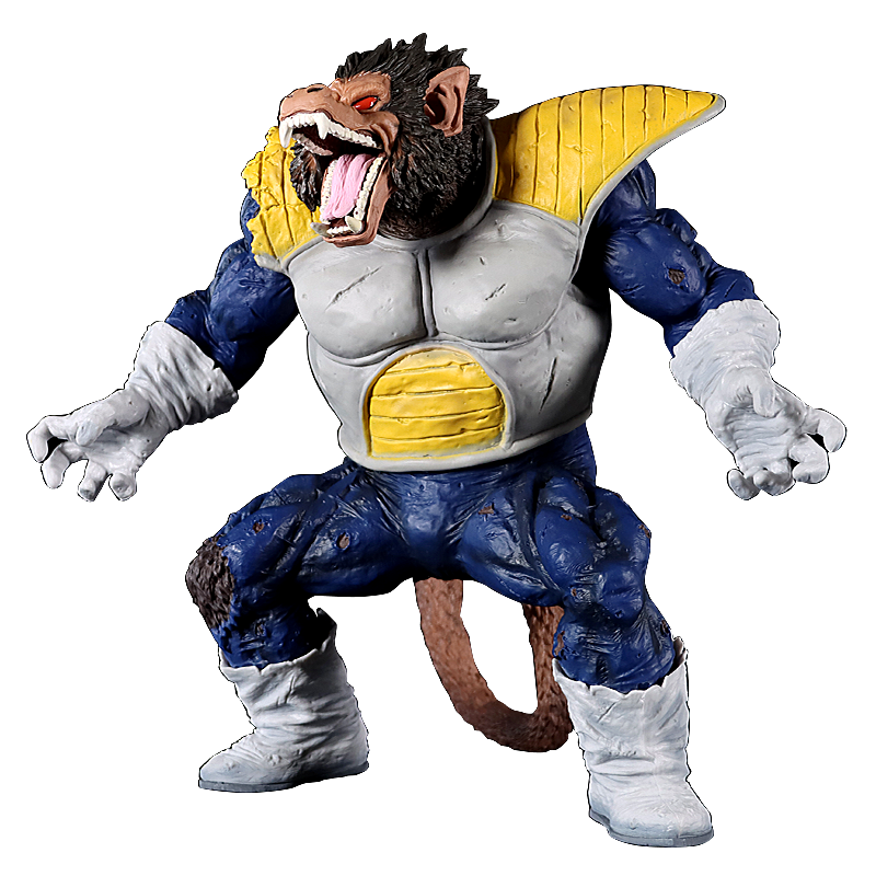 The Seakoff Great Ape Vegeta Collectible Figure from Dragon Ball Z is a 36cm premium action figure featuring dynamic details such as blue and yellow armor, an articulated tail, sharp teeth, an open mouth, outstretched arms in a powerful stance, textured fur, and intricate armor design.