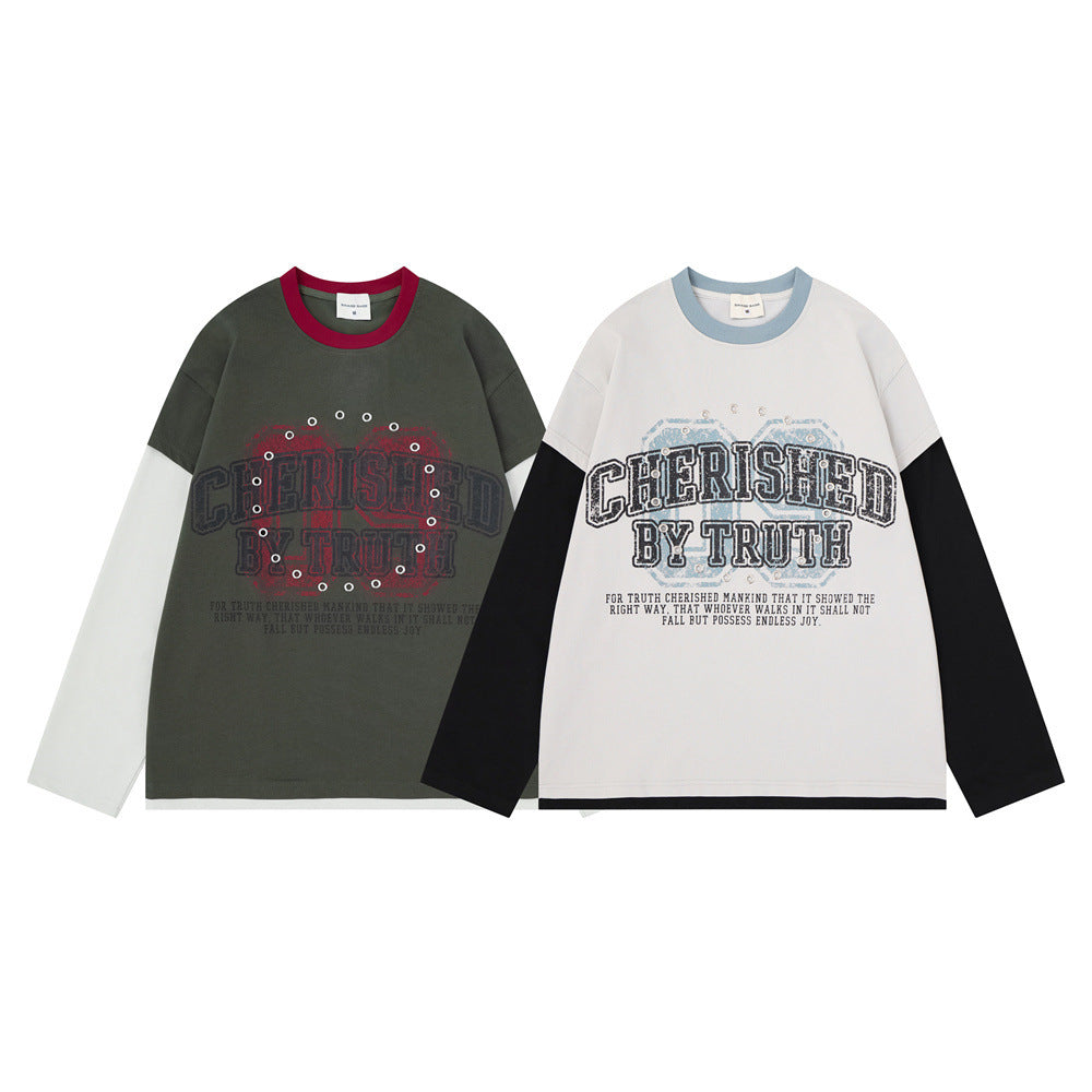 T-shirt manches longues colorblock à effet superposé – Imprimé vintage et détails métalliques