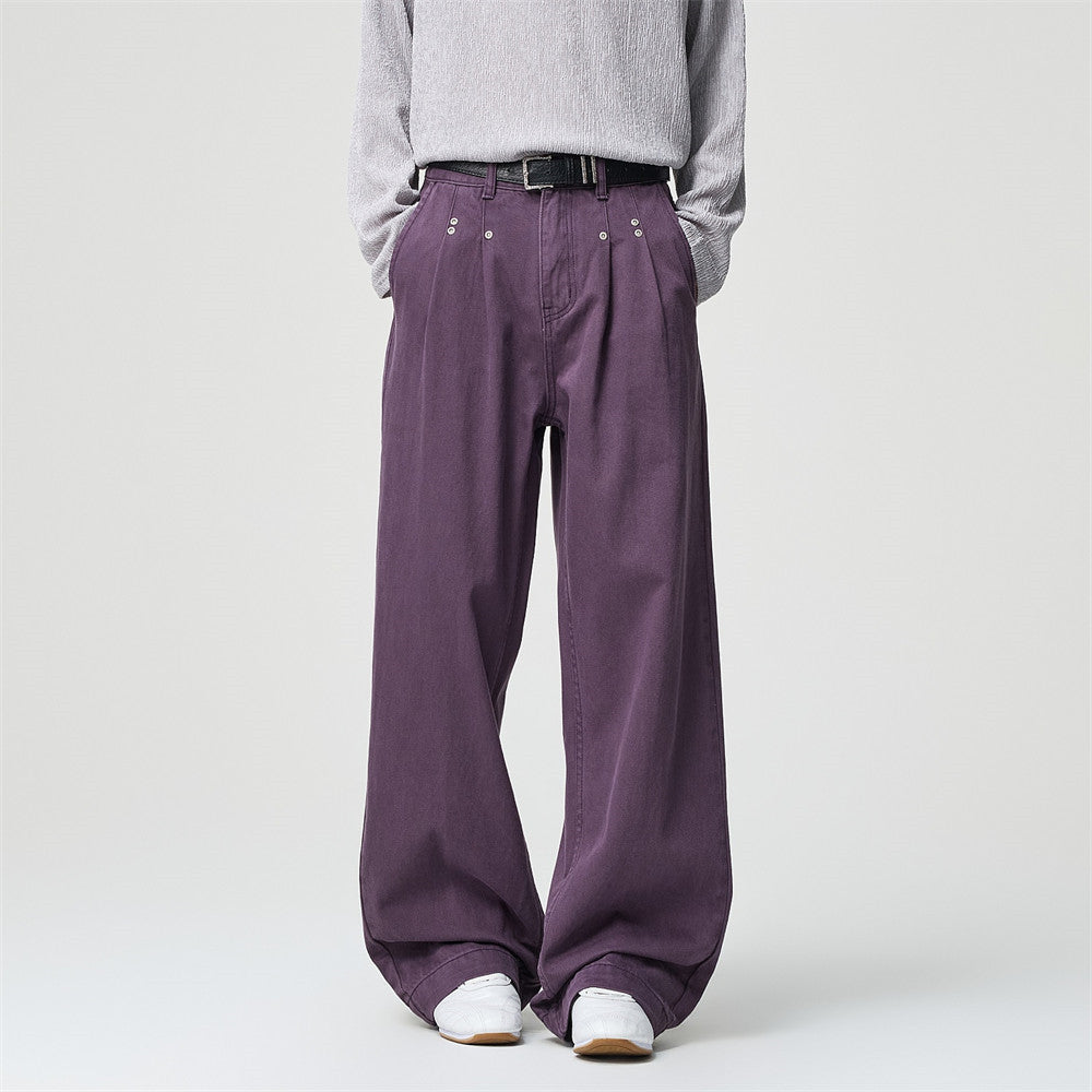 Wide-Leg Pleated Trousers – Men's High-Street Solid Color Straight-Cut Pants