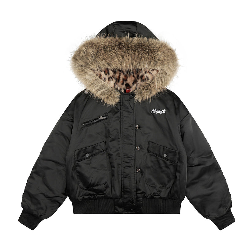 Leopard Print Fleece-Lined Bomber Jacket with Faux Fur Hood