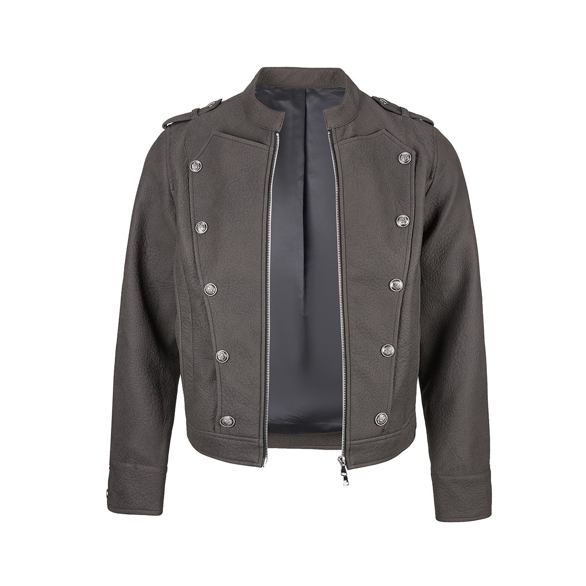 Military-Style Faux Leather Jacket with Double-Breasted Buttons & Zip Front