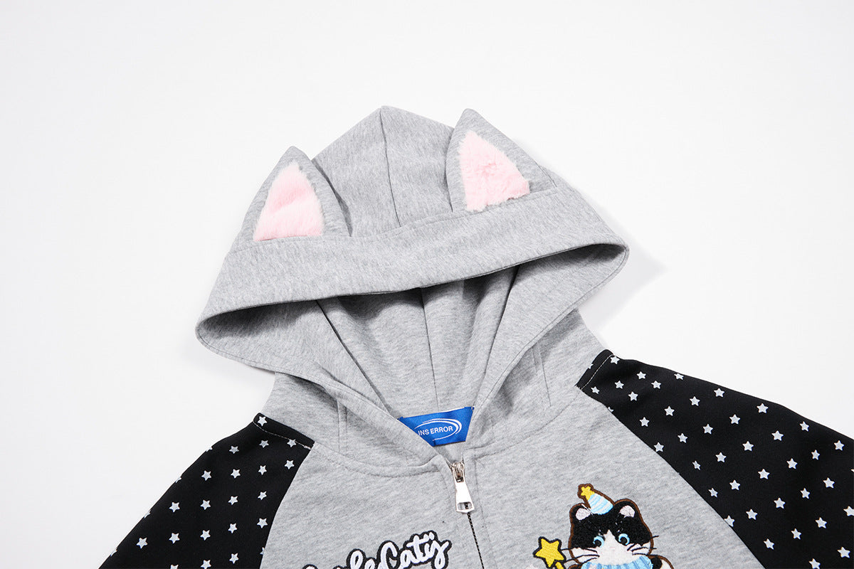 Hoodie zippé à oreilles de chat avec manches raglan étoilées et poches-pattes