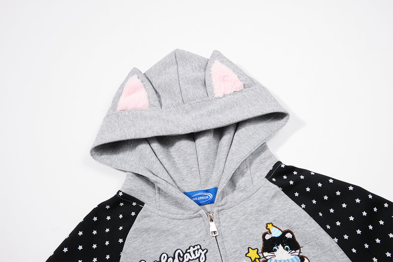Hoodie zippé à oreilles de chat avec manches raglan étoilées et poches-pattes