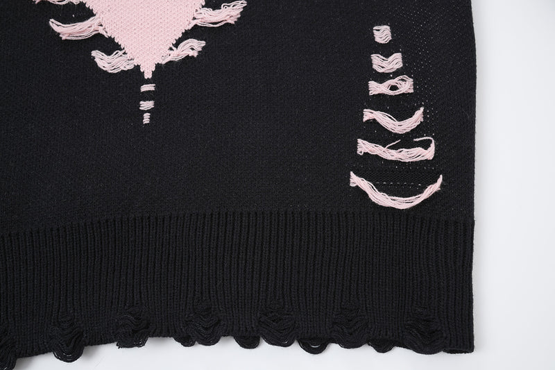 Pull à col montant Cross Heart en maille délavée – Jacquard gothique sombre à franges