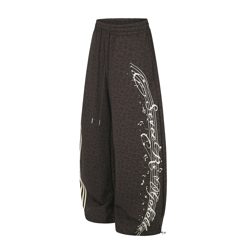Wide-Leg Sweatpants with Side Stripes & Music Note Print