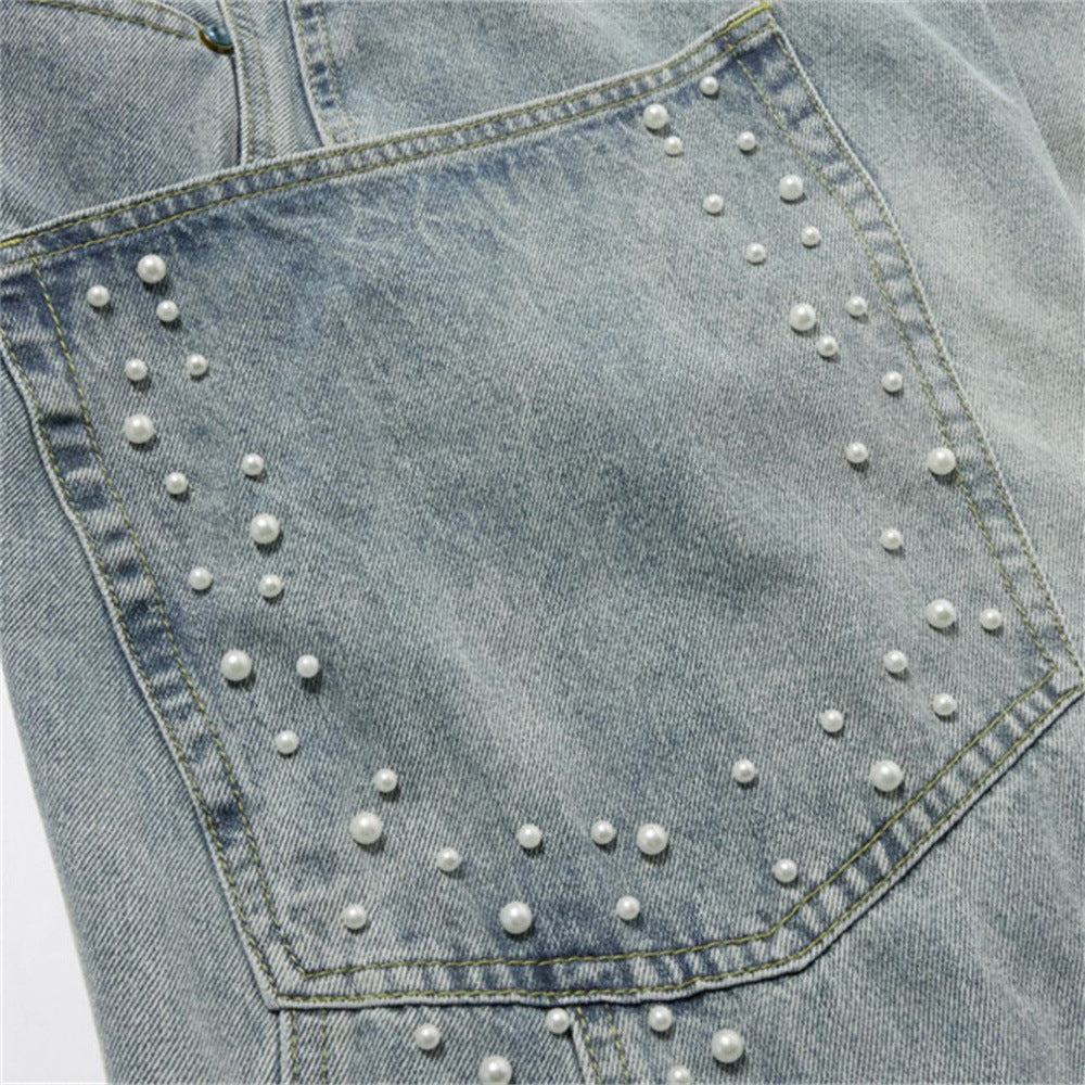 Pearl-Studded Wide-Leg Denim Cargo Jeans – Vintage Washed Scimitar Cut