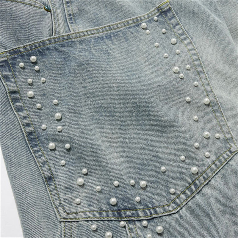 Pearl-Studded Wide-Leg Denim Cargo Jeans – Vintage Washed Scimitar Cut