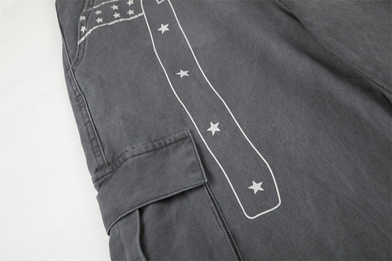 Cargo Pants for Men Wide Leg Multi-Pocket Punk Belt Print Street Style