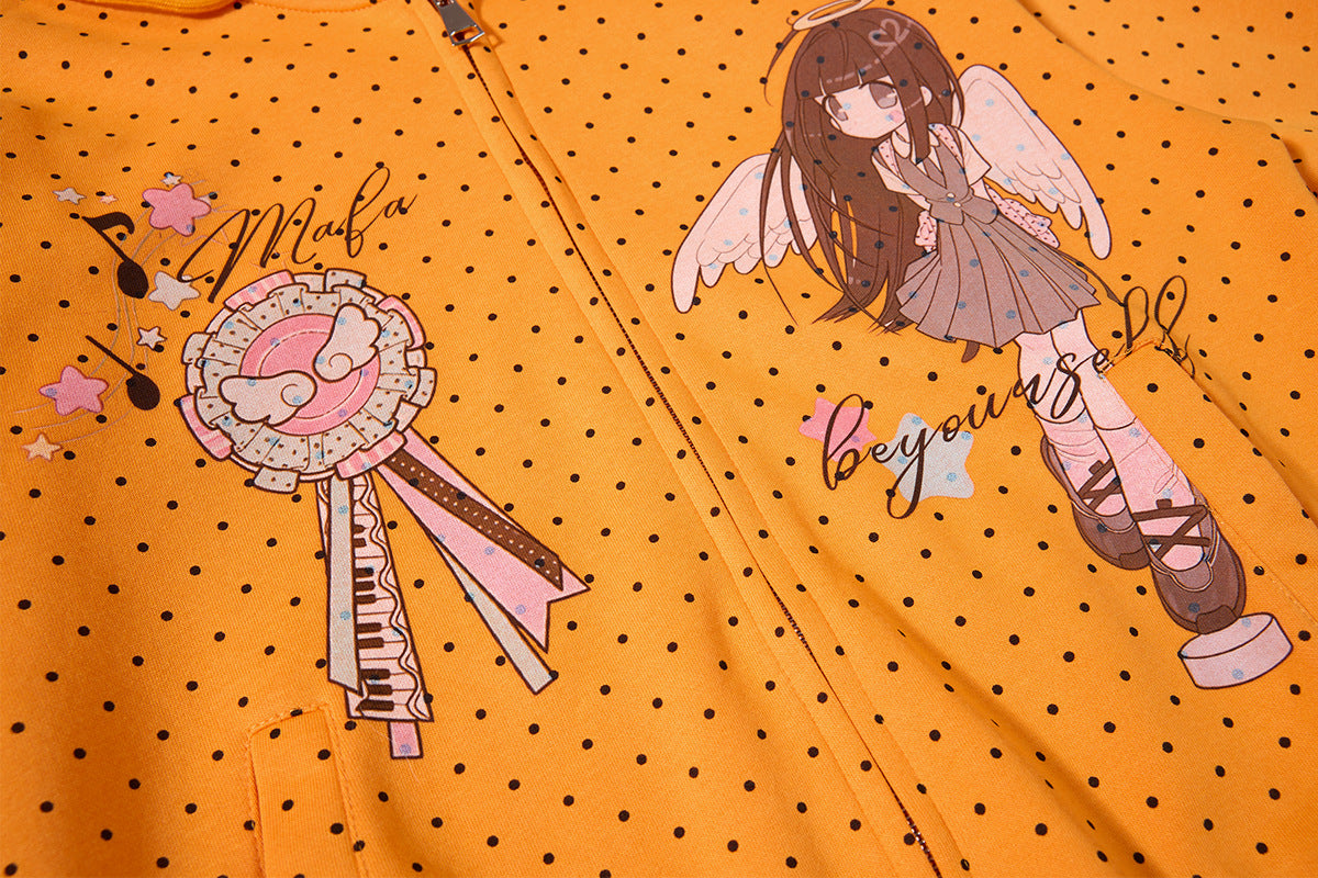 Sweat à capuche zippé anime – Sweat court à pois avec illustration d’ange