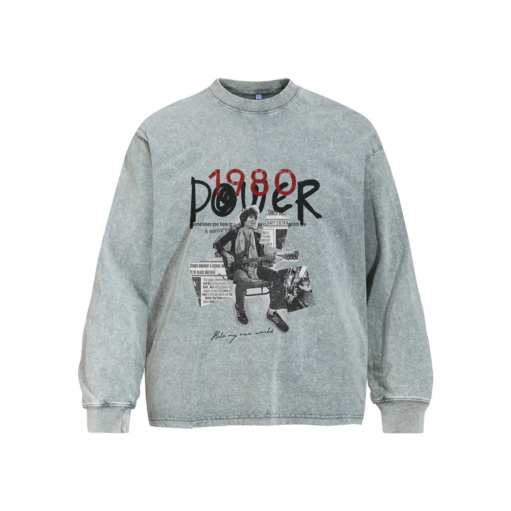 Men's Long Sleeve Shirt Rock Guitar 1980 Power Graphic Acid Wash Oversized Tee