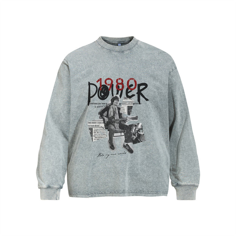 Men's Long Sleeve Shirt Rock Guitar 1980 Power Graphic Acid Wash Oversized Tee