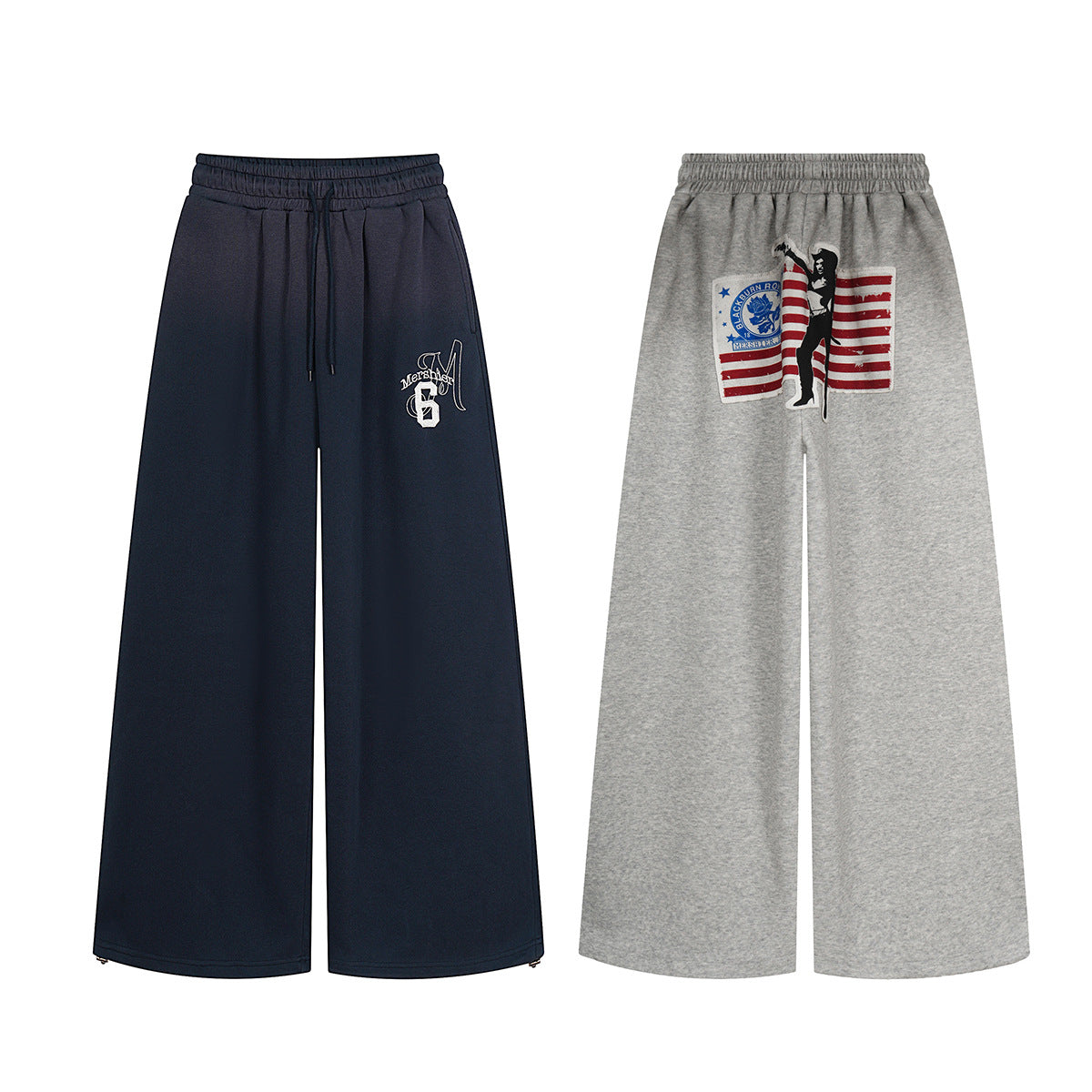Sweatpants mit weitem Bein und Retro-Aufnäher mit US-Flaggenmotiv in meliertem Grau, flach vor weißem Hintergrund dargestellt