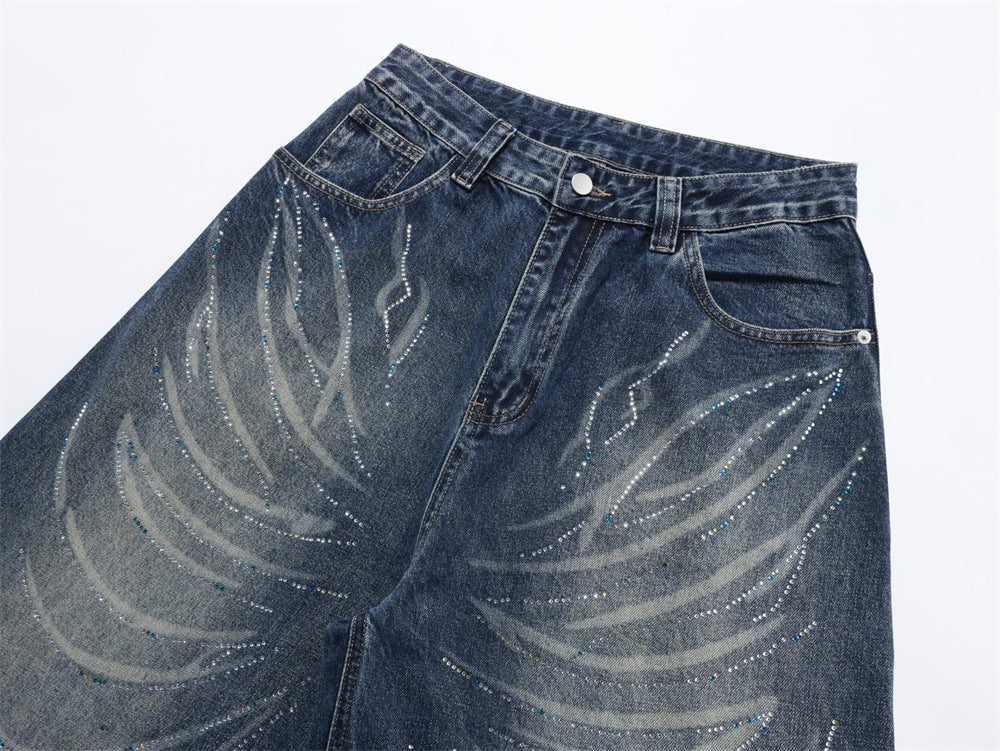 Men's Super Baggy Jeans – Rhinestone Wing Graphic Wide-Leg Denim, Washed Blue