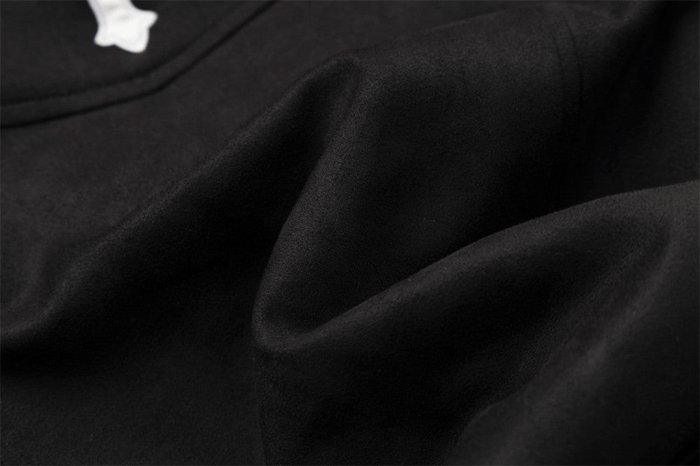 Black Fur-Trim Hooded Bomber Jacket with Arrow Sleeve Patches