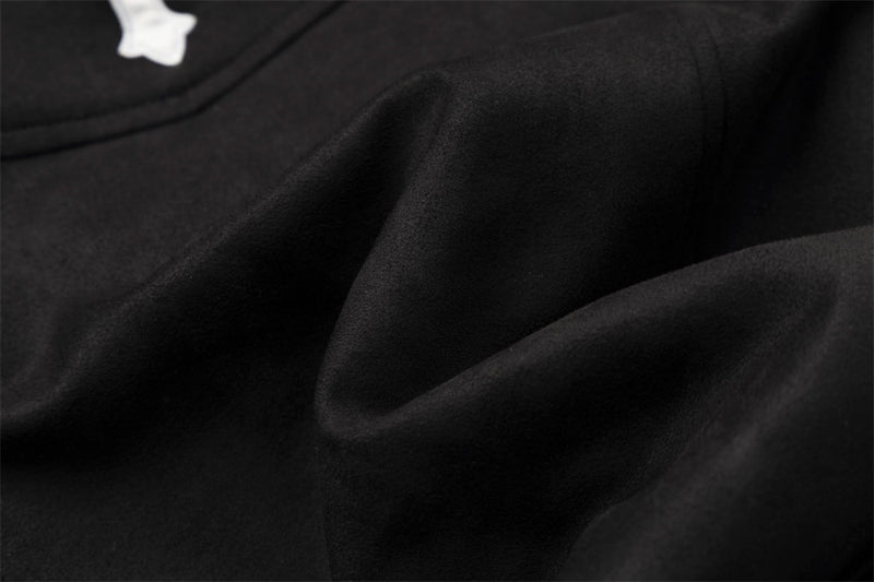 Black Fur-Trim Hooded Bomber Jacket with Arrow Sleeve Patches