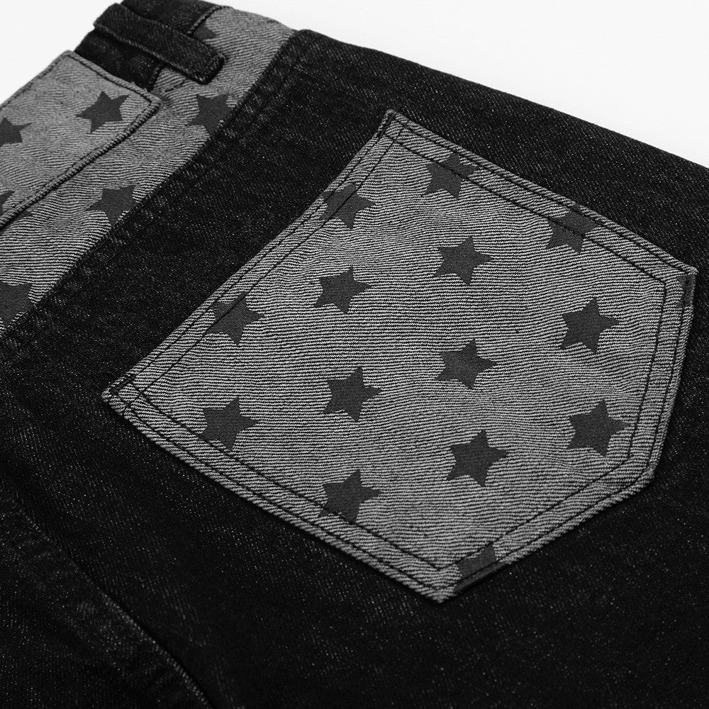 Men's Black Wide-Leg Jeans with Star-Print Contrast Pockets