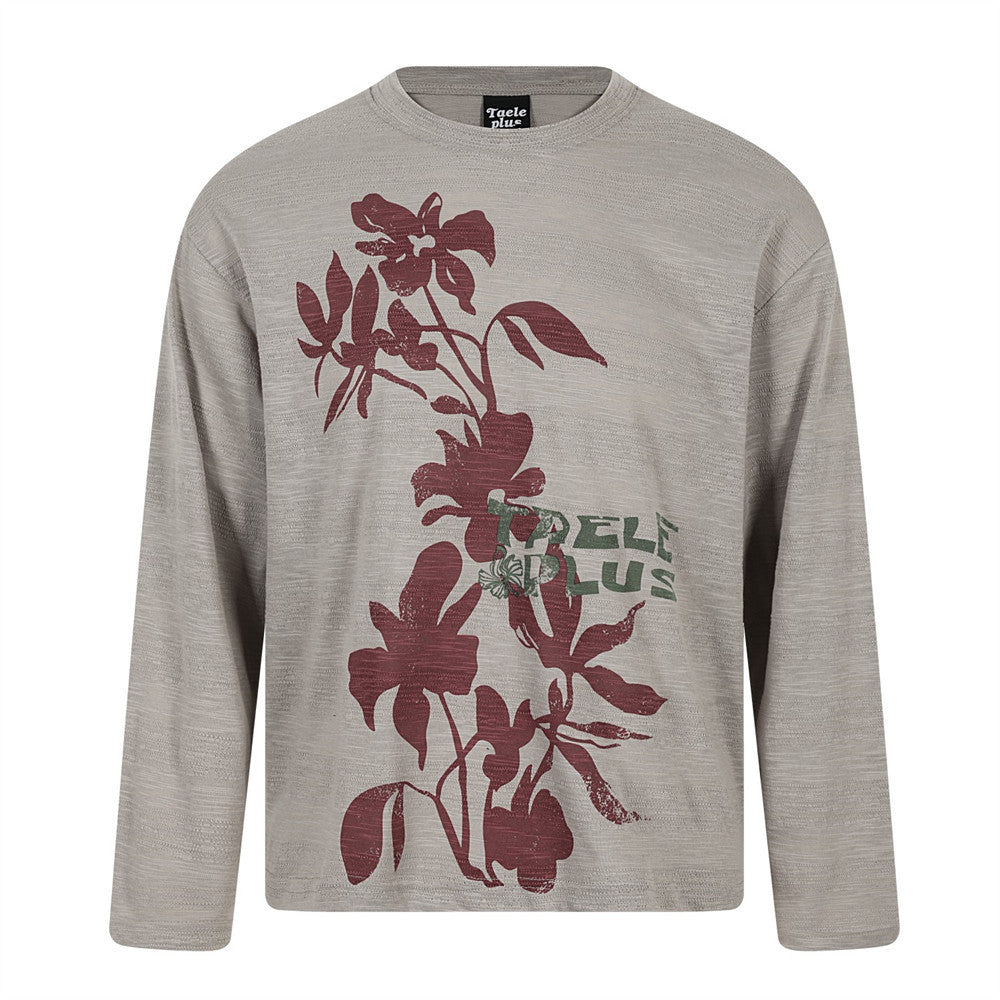 Camiseta de manga larga para hombre con estampado floral sombreado – Cuello redondo extragrande