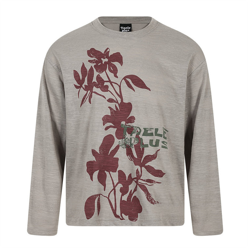 Camiseta de manga larga para hombre con estampado floral sombreado – Cuello redondo extragrande