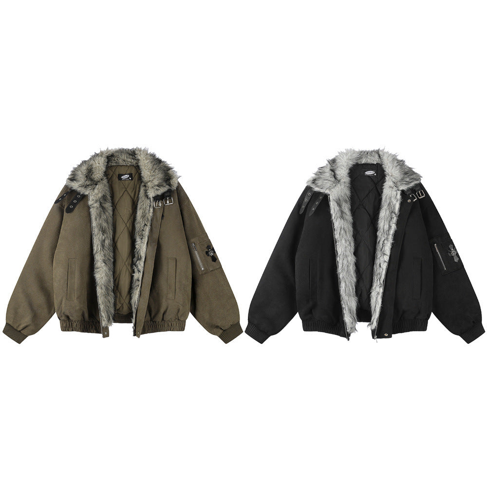 Veste homme doublée sherpa, bomber à col en fourrure avec écusson croix et détails à boucle