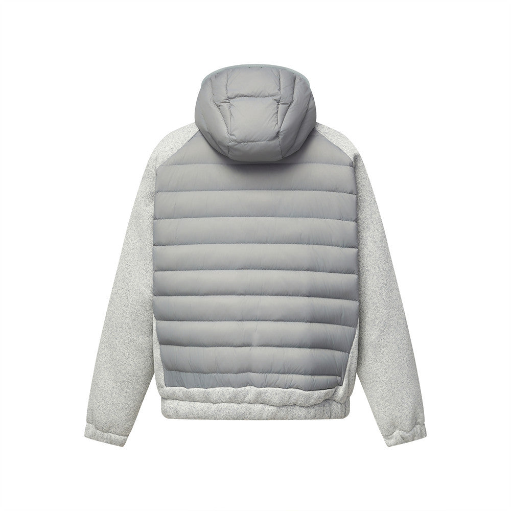 Graue Herren-Hybridjacke mit Kapuze, Reißverschluss und Steppoptik – Strickärmel