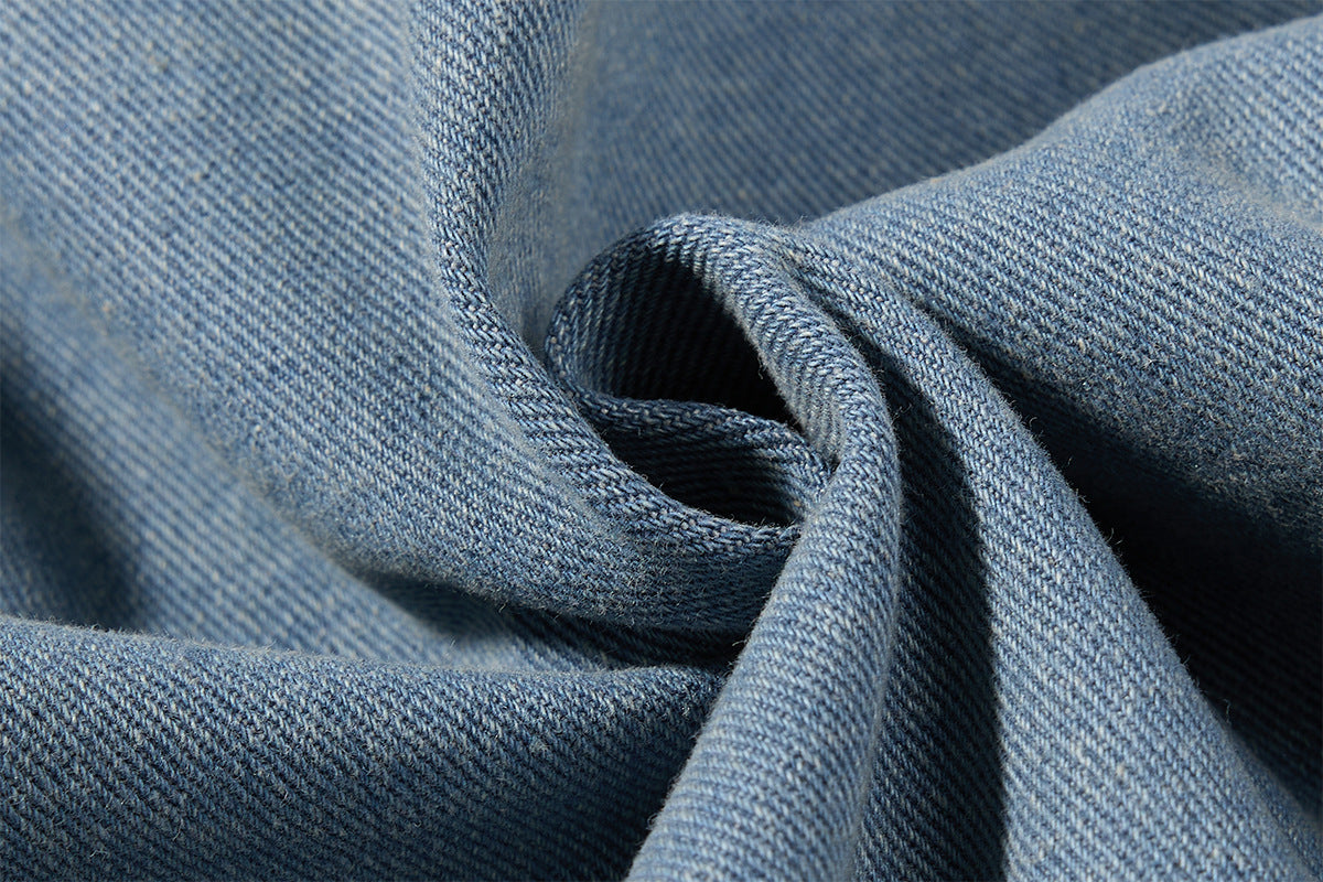 Military-Style Washed Denim Jacket – Stand Collar, Double-Breasted Button Detail