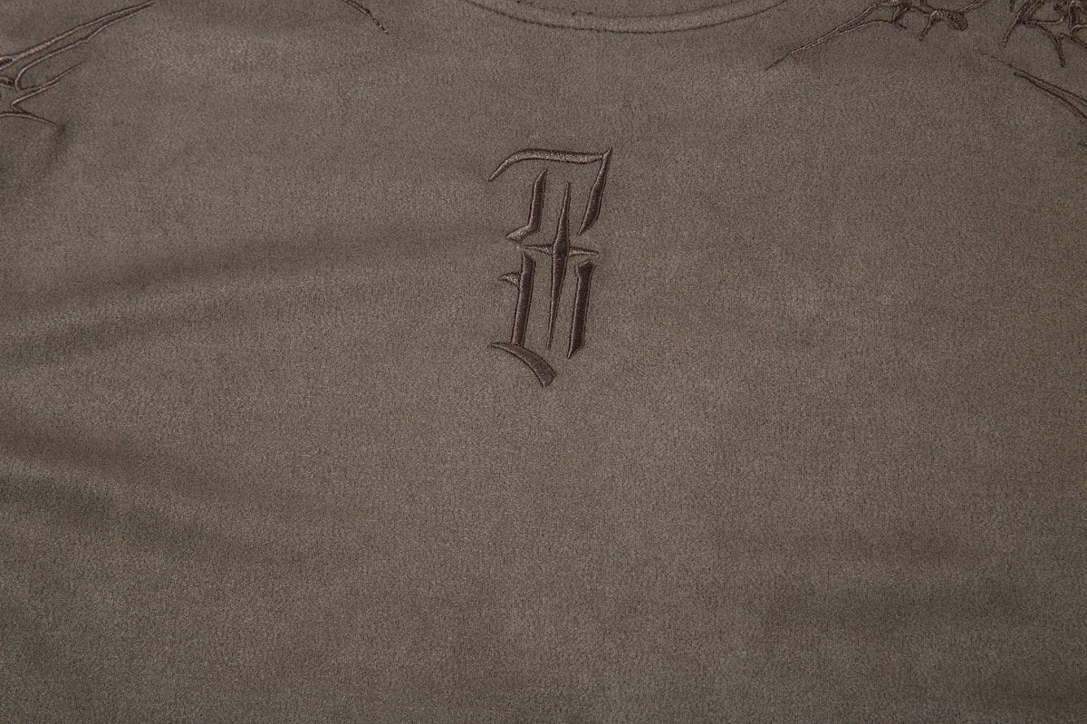 Men's Oversized Suede-Finish Thorn Embroidery Short Sleeve T-Shirt