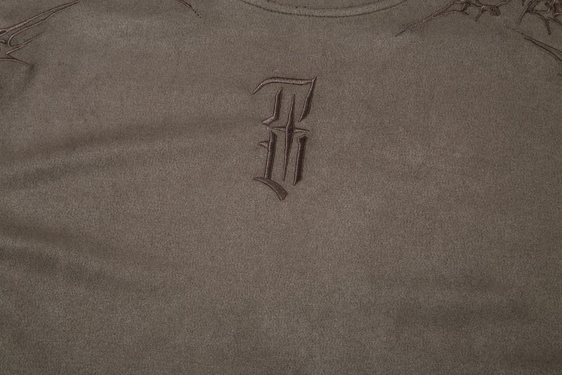 Men's Oversized Suede-Finish Thorn Embroidery Short Sleeve T-Shirt