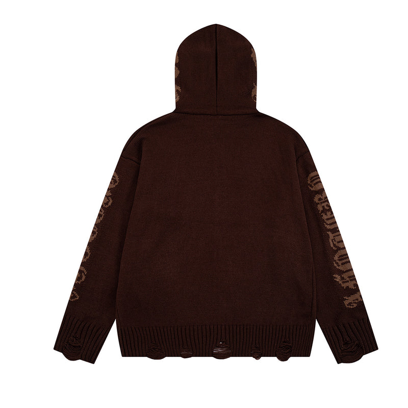 Sudadera de punto con cremallera y cruz gótica – Cárdigan de streetwear americano desgastado