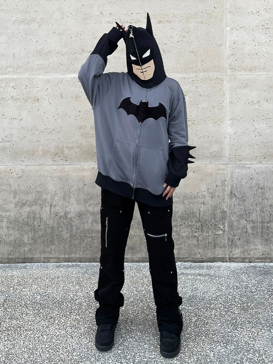 Von Batman inspirierter Hoodie – Übergroßes Superhelden-Sweatshirt in Grau und Schwarz mit Reißverschluss, 400 g/m²