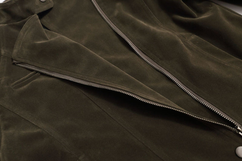 Suede Moto Biker Jacket – Cropped Stand Collar Asymmetric Zip