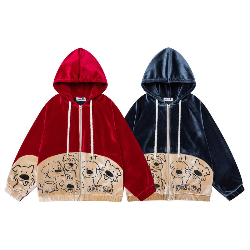 Sudadera de terciopelo con cremallera y estampado de perro de dibujos – Corte oversize color block
