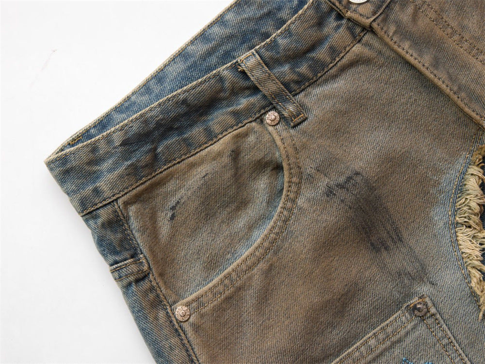 Baggy Jeans with Paint Splatter Patchwork & Distressed Raw-Edge Detail