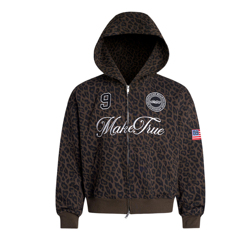 Dark brown leopard print zip-up hoodie with embroidered MakeTrue script and number 9 varsity patches, front and back view