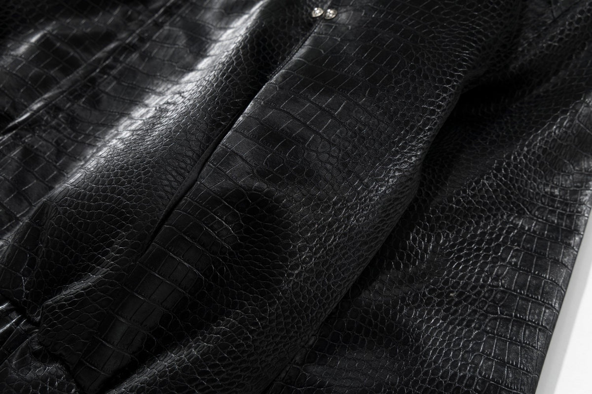 Croc-Embossed Faux Leather Bomber Jacket with Fur Collar