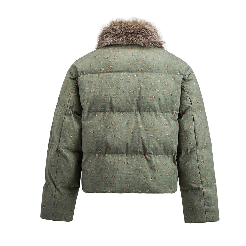 Floral Print Puffer Jacket with Faux Fur Collar – Cropped Fit Men's Winter Coat