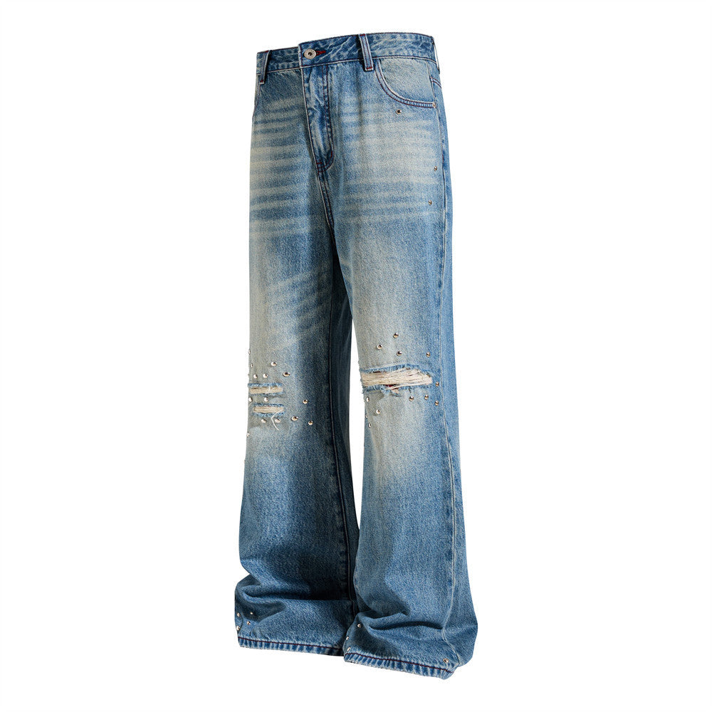 Men's Distressed Wide-Leg Flare Jeans with Stud Details – Washed Blue