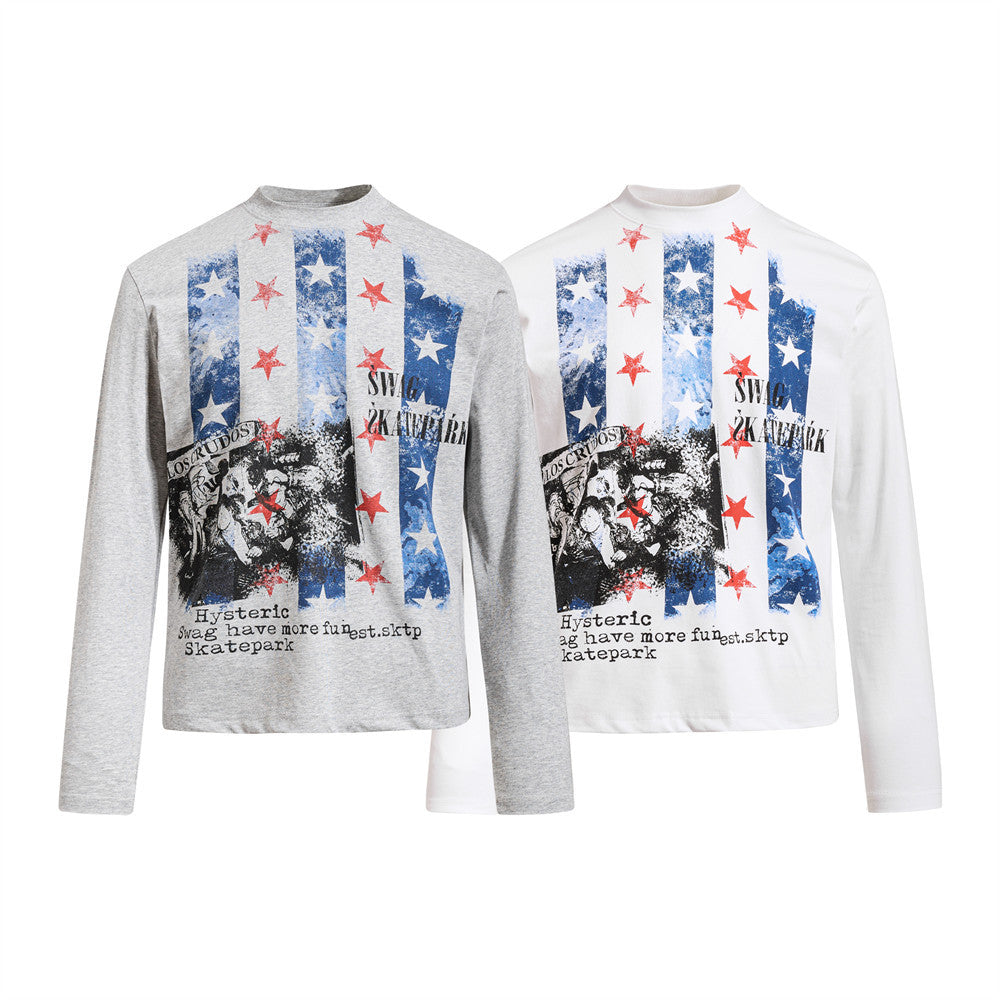 Men's Graphic Long Sleeve T-Shirt – Stars & Stripes Skatepark Print, Mock Neck