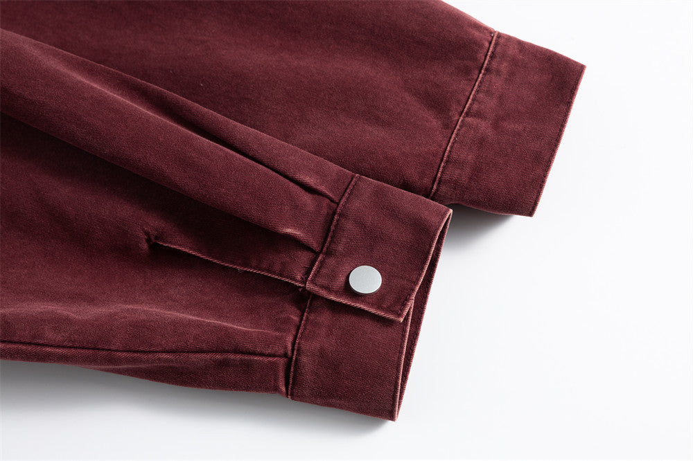 Men's Washed Denim Stand Collar Jacket with Metal Clasp