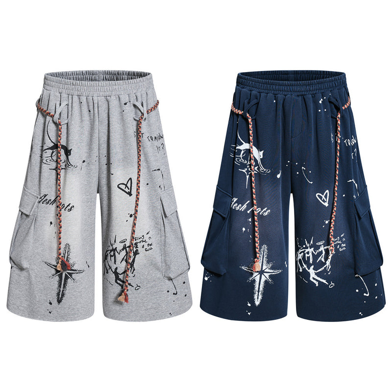 Hand-Drawn Graffiti Cargo Shorts – Wide Leg Streetwear with Rope Drawstring