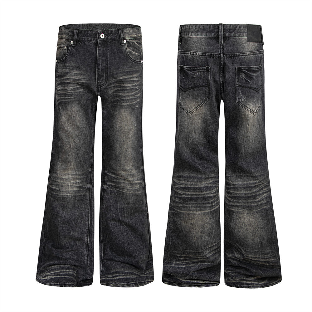 Vaqueros flare negros lavados para hombre – Denim de pierna ancha desgastado con detalle de bigotes